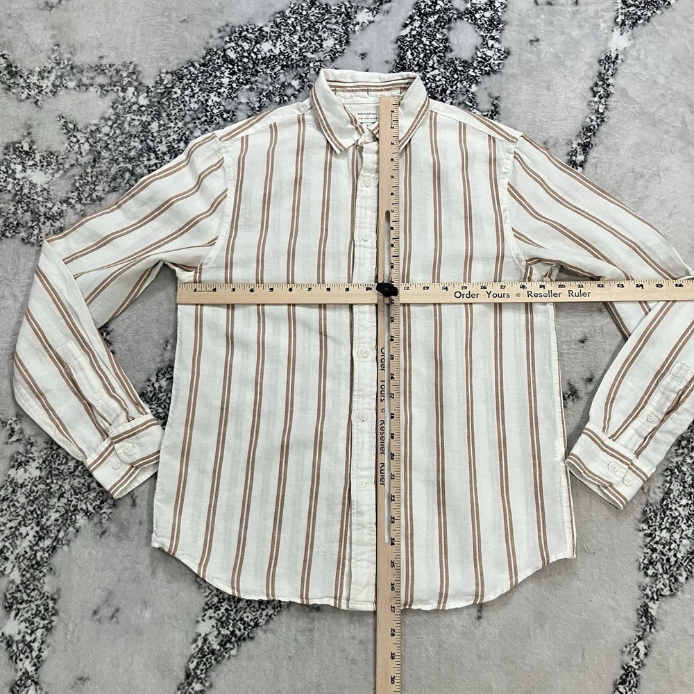 Banana Republic Linen Blend Striped Button Up Shirt Small White Tan Slim Fit - Picture 2 of 9